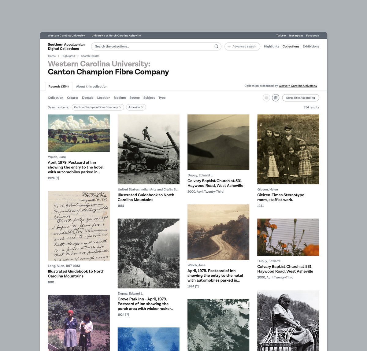 Image of collection records list display of the WCU website.